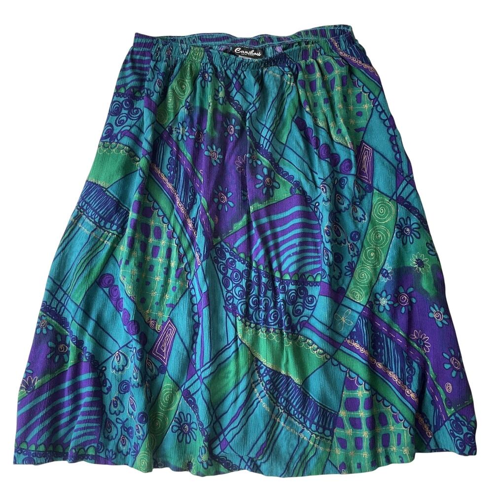 VINTAGE Caribou Women Midi Skirt LARGE Blue Geometric Elastic Waist Rayon U.S.A.